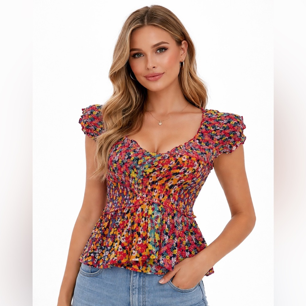 Patrons of Peace Floral Smocked Off Shoulder Ruffle Sleeve Top Small